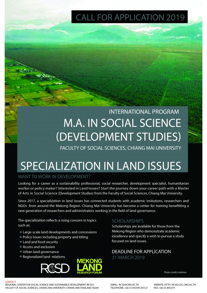 Call for applicants: MA in Social Science (Development Studies) - Specialization in Land Issues - at Chiang Mai University